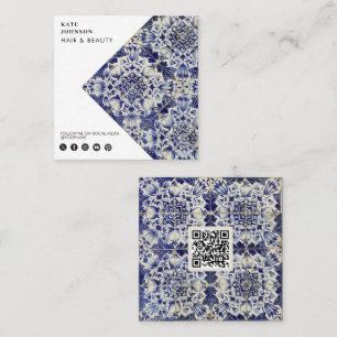 Carte De Visite Carré Code QR bleu vintage Géométrique Blanc Bleu  Média
