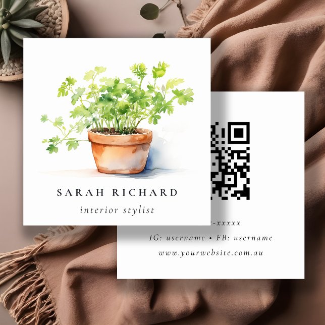 Carte De Visite Carré Code QR botanique du persil à herbes potées (Créateur téléchargé)