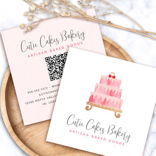 Carte De Visite Carré Code QR Boulangerie Blush Rose Gâteau Pâtisserie C