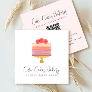 Carte De Visite Carré Code QR Boulangerie Rose Violet Gâteau Pâtisserie