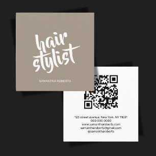 Carte De Visite Carré Code QR brun clair écriture coiffeur moderne