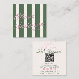 Carte De Visite Carré Code QR Coquette Argent Ancien Luxe Rose Vert Rétr