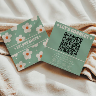 Carte De Visite Carré Code QR Crème Vert Rétro Fleur Groovy Tendance Amu