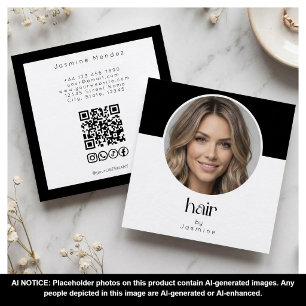 Carte De Visite Carré Code QR de coiffeur Photo Noir Blanc Carré