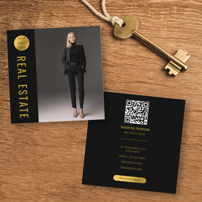 Carte De Visite Carré Code QR de l'agent immobilier Black & Gold (Créateur téléchargé)