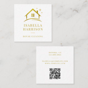 Carte De Visite Carré Code QR de nettoyage de maison en or