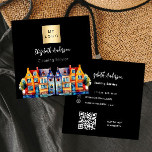 Carte De Visite Carré Code QR du service de nettoyage à domicile noir