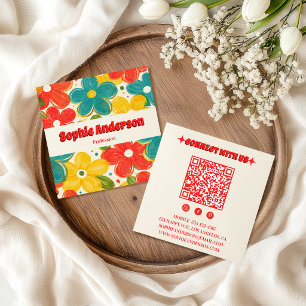 Carte De Visite Carré Code QR floral rétro gras avec typographie rouge