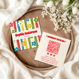 Carte De Visite Carré Code QR floral retro gras avec typographie rouge