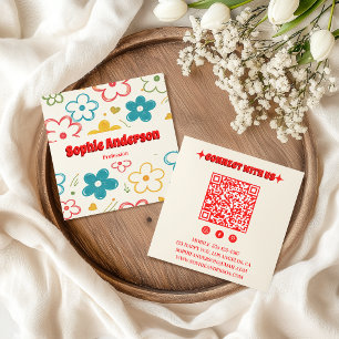 Carte De Visite Carré Code QR floral rétro gras avec typographie rouge