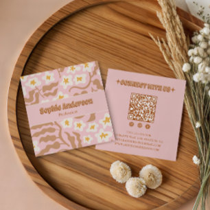 Carte De Visite Carré Code QR Floral Rétro Rose
