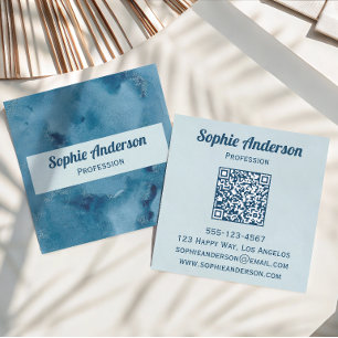 Carte De Visite Carré Code QR Géode Aquarelle Bleue Professionnel