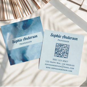 Carte De Visite Carré Code QR Géode Aquarelle Bleue Professionnel