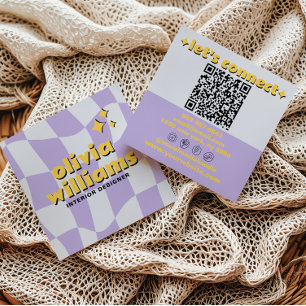 Carte De Visite Carré Code QR gras Rétro Groovy à carreaux Bohème Funky