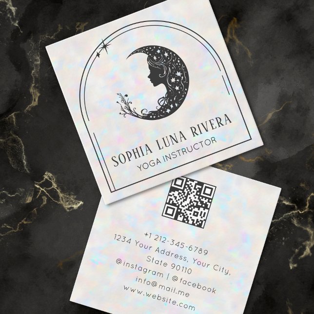 Carte De Visite Carré Code QR Holographique Arc Crescent Céleste Lune (Holographic Arch Celestial Crescent Moon QR Code Square Business Card)