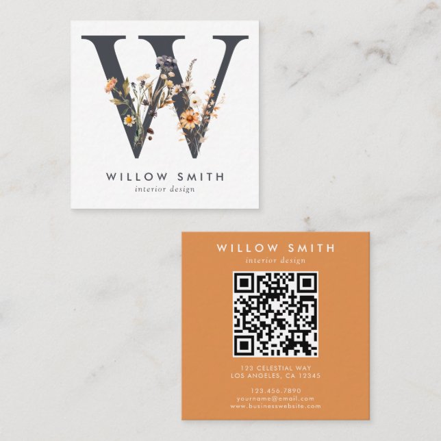Carte De Visite Carré Code QR initial du Fleur sauvage Boho (Devant / Derrière)