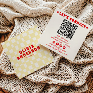 Carte De Visite Carré Code QR jaune rétro Super À damiers Boho