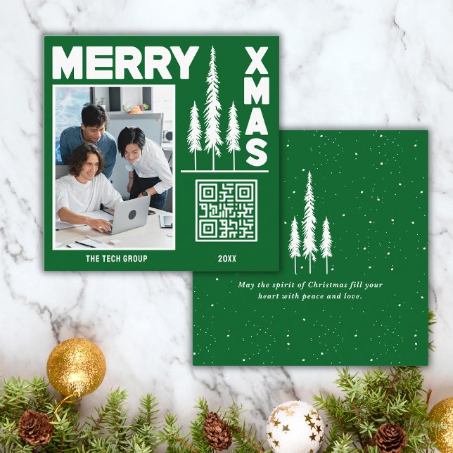 Carte De Visite Carré Code QR Joyeux vert et blanc (Wish your clients Merry Christmas & promote your business at the same time. Get yours today!)