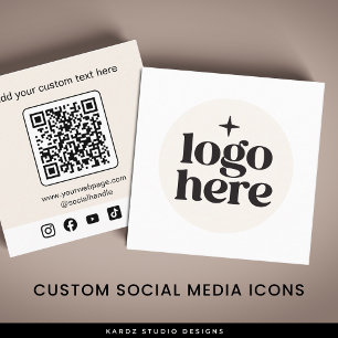 Carte De Visite Carré Code QR Logo Beige Réseaux Sociaux