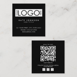 Carte De Visite Carré Code QR Logo Commercial Moderne Noir Réseaux Socia