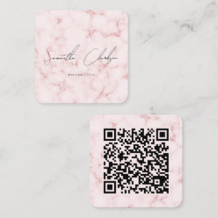 Carte De Visite Carré Code QR Marbre Rose Élégant Écriture Manuscrite