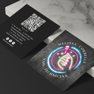 Carte De Visite Carré Code QR Médias Sociaux Technicien en Ongles Néon d