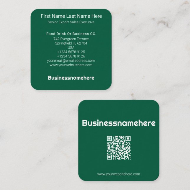 Carte De Visite Carré Code QR Minimal Vert Professionnel (Devant / Derrière)