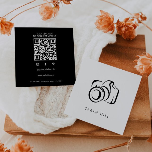 Carte De Visite Carré Code QR minimaliste de la caméra photo (Créateur téléchargé)