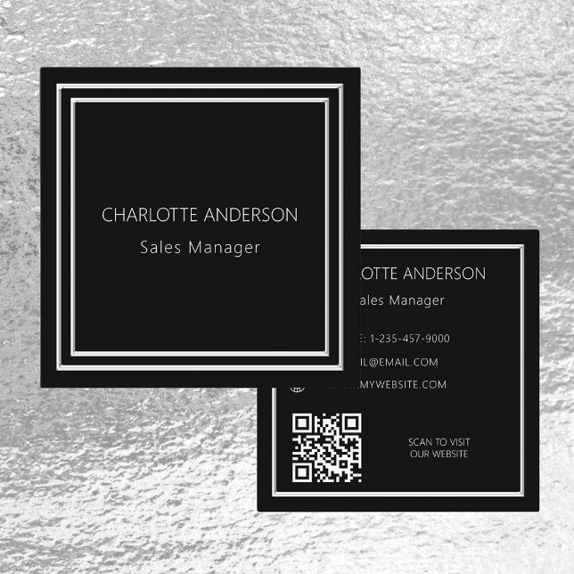 Carte De Visite Carré Code QR minimaliste noir argent élégant (Créateur téléchargé)