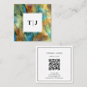 Carte De Visite Carré Code QR Monogramme Abstrait Aquarelle Marron Moder