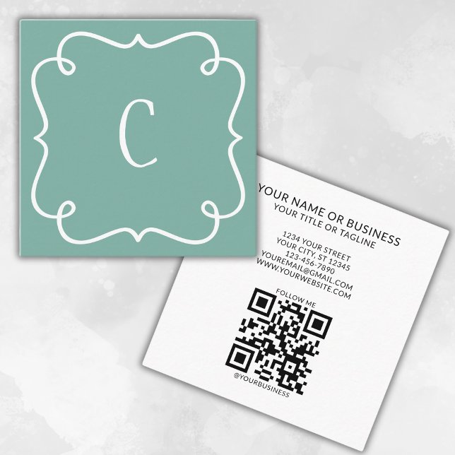Carte De Visite Carré Code QR monogramme minimal tendance Sage vert (Créateur téléchargé)