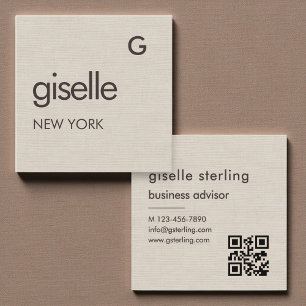 Carte De Visite Carré Code QR Monogramme Minimaliste en Lin