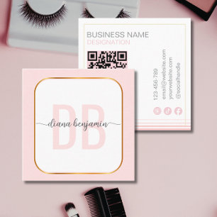 Carte De Visite Carré Code QR monogramme moderne rose poudré et or blanc