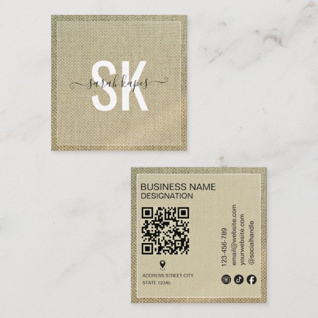 Carte De Visite Carré Code QR Monogramme Rustique Lin Beige (Devant / Derrière)