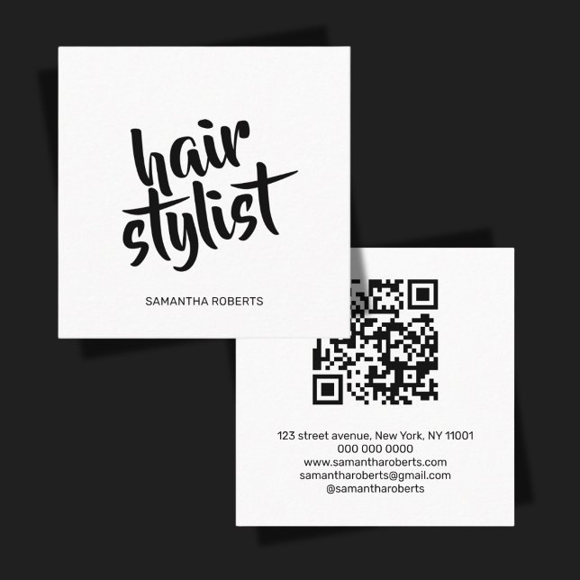 Carte De Visite Carré Code QR noir et blanc écriture moderne coiffeur  (Créateur téléchargé)