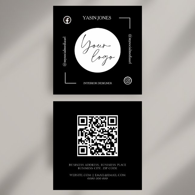 Carte De Visite Carré Code QR noir et blanc unique Médias sociaux (Unique Black and White QR Code Social Media Square Business Card)