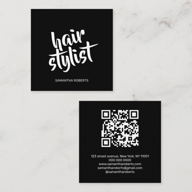 Carte De Visite Carré Code QR noir script coiffeur moderne (Devant / Derrière)