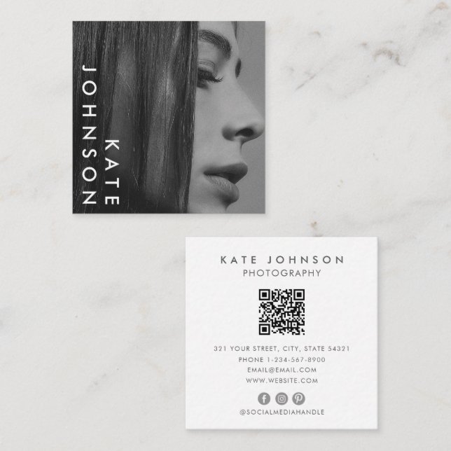 Carte De Visite Carré Code QR photo professionnel noir blanc unique (Devant / Derrière)