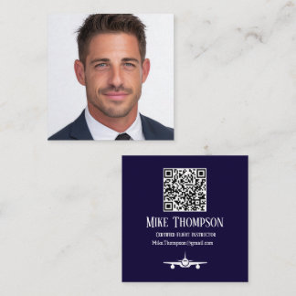Carte De Visite Carré Code QR professionnel pilote bleu Aviation