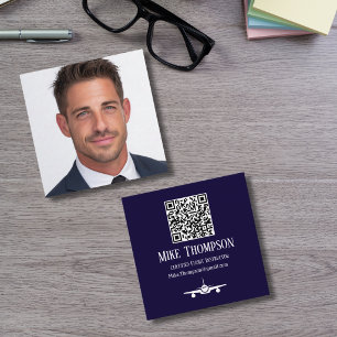 Carte De Visite Carré Code QR professionnel pilote bleu Aviation