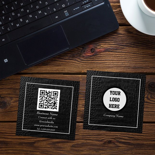 Carte De Visite Carré Code QR professionnel scanner cuir noir (Créateur téléchargé)