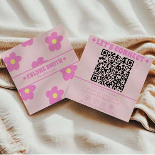 Carte De Visite Carré Code QR Rose Pâle Rétro Doux Floral Groovy Bohème