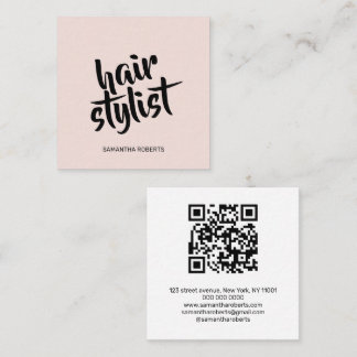Carte De Visite Carré Code QR rose poudré écriture moderne pour coiffeur