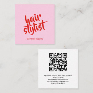 Carte De Visite Carré Code QR rose rouge de style moderne pour coiffeur