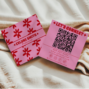 Carte De Visite Carré Code QR Rose Rouge Rétro Groovy Floral Féminin Ten