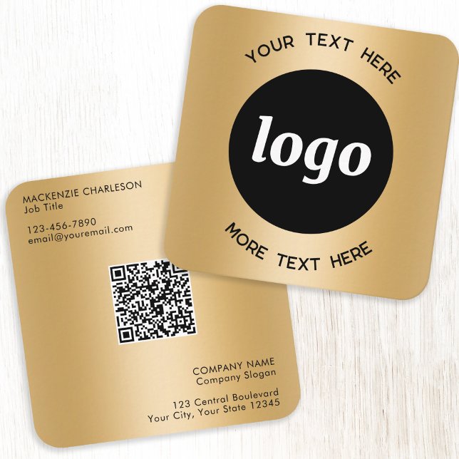 Carte De Visite Carré Code QR simple logo et texte Or (Simple logo with custom text qr code business branding promotional gold effect square business card)