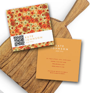 Carte De Visite Carré Code QR super Retro Orange Hippie Fleurs