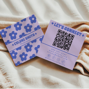 Carte De Visite Carré Code QR Violet Bleu Rétro Fleur Groovy Tendance Am