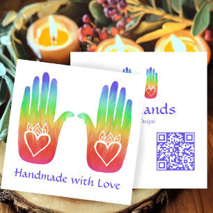Carte De Visite Carré Coeurs à deux mains Hamsa Rainbow CUSTOM QR Code