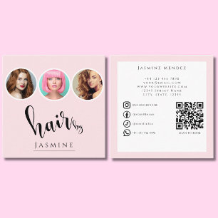 Carte De Visite Carré Coiffeur 3 Photo QR Réseaux Sociaux Rose Pâle